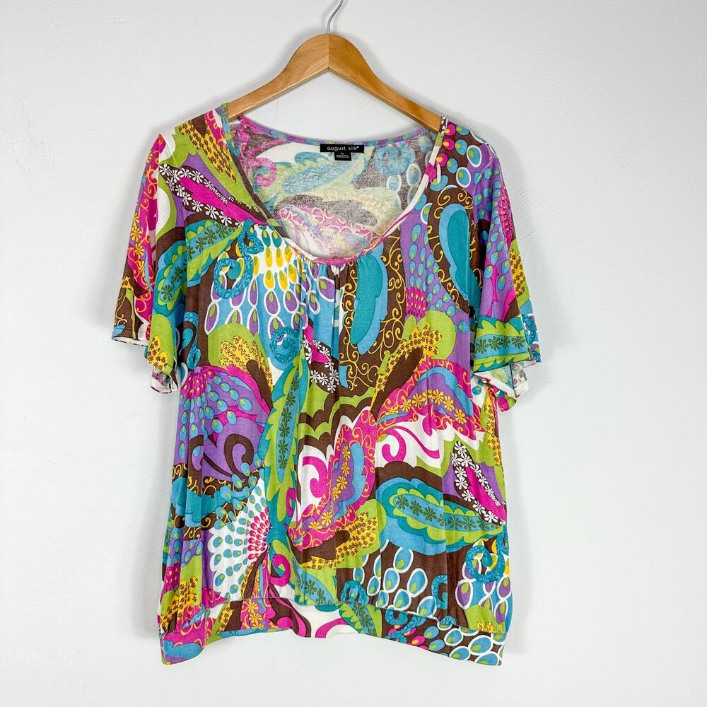 August Silk Multicolor Paisley Silk & Cotton Short Sleeve Blouse
